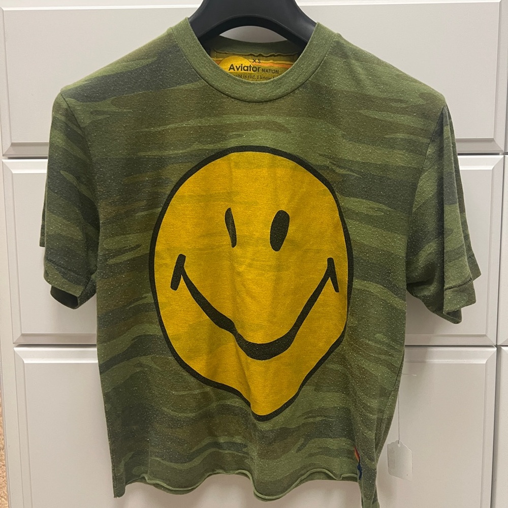 Aviator Nation Camo Tee with Yellow Smiley